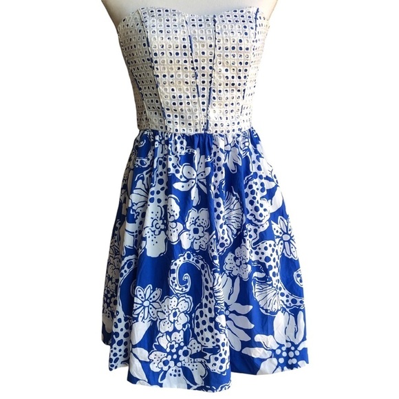 Lily Pulitzer Ferris Dress Strapless White Grid Eyelet Blue Mini Size 4 - Picture 1 of 13